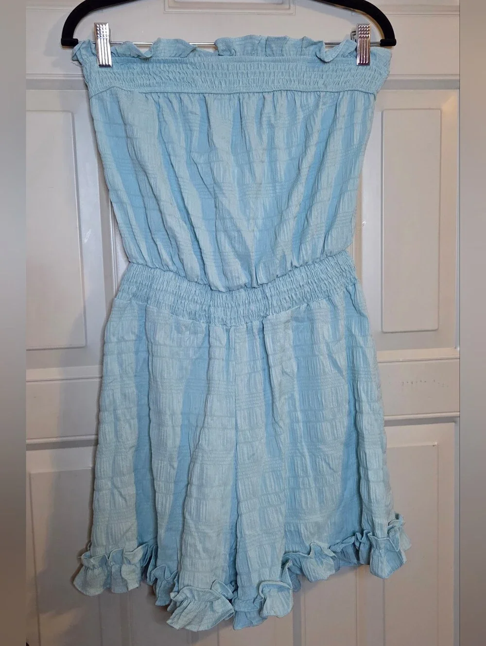NWT Dipped Shop - Light Blue Strapless Ruffle-Hem Romper